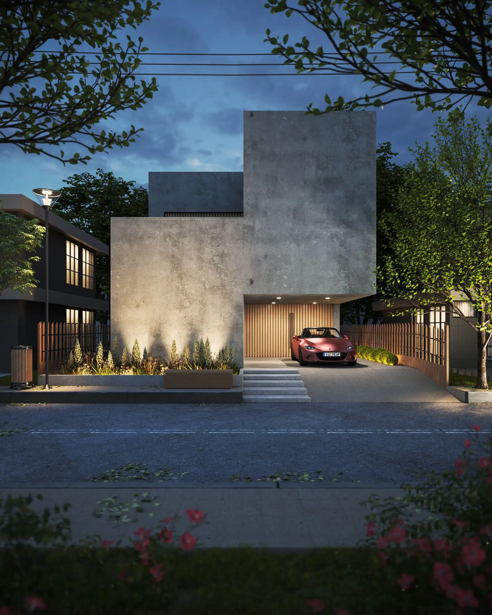 Maison en béton contemporaine au crépuscule